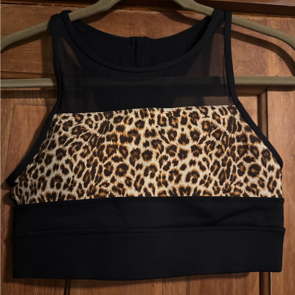 Leopard Print Mesh Panel Sports Top